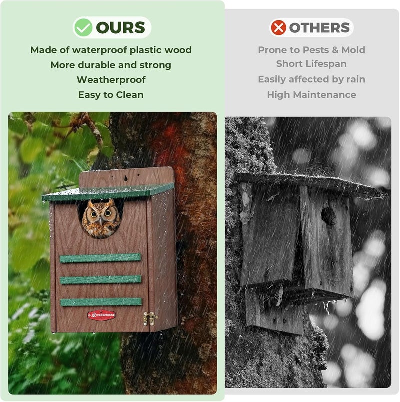 Kingsyard Large Recycled Plastic Wooden Owl House, Waterproof Screech Owl Bird Boxes for Outside, Owl Nesting Box Kit with Screws Ideal for Wildlife, Elf, Pygmy, Garden, Air Ventilation. Green - Image 4